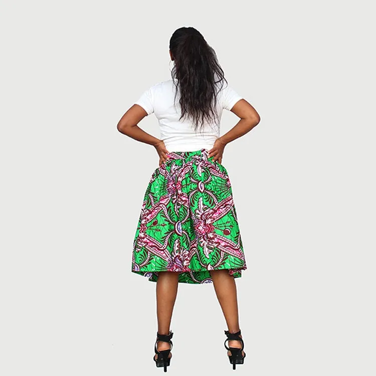 Chic African Traditional Wax Print Green Color Drindl Pleated Knee Length Skirt