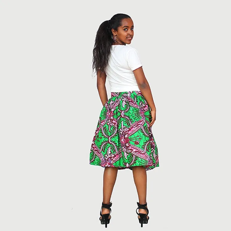 Chic African Traditional Wax Print Green Color Drindl Pleated Knee Length Skirt