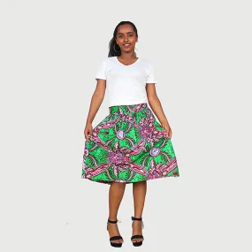 Chic African Traditional Wax Print Green Color Drindl Pleated Knee Length Skirt