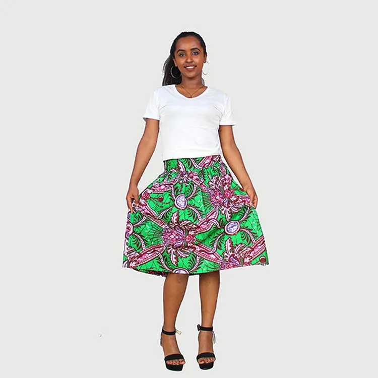 Chic African Traditional Wax Print Green Color Drindl Pleated Knee Length Skirt