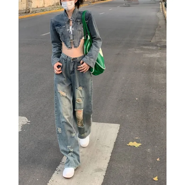 Collar Asymmetrical Fringed Washed Denim Crop Jacket / Mid Rise Distressed Wide Leg Jeans / Set