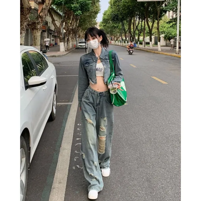 Collar Asymmetrical Fringed Washed Denim Crop Jacket / Mid Rise Distressed Wide Leg Jeans / Set