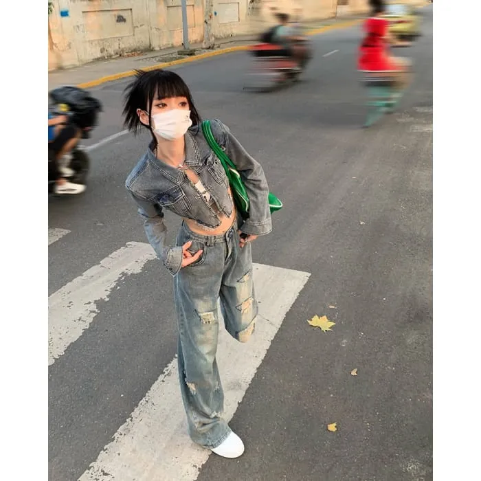 Collar Asymmetrical Fringed Washed Denim Crop Jacket / Mid Rise Distressed Wide Leg Jeans / Set