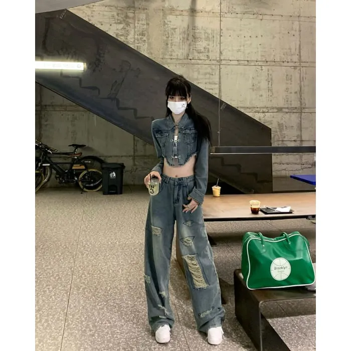 Collar Asymmetrical Fringed Washed Denim Crop Jacket / Mid Rise Distressed Wide Leg Jeans / Set