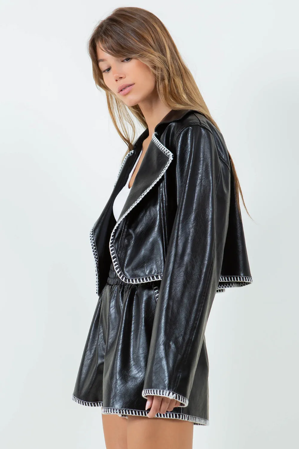 CONTRAST BLANKET STITCHED CROPPED PU LEATHER JACKET - BLACK