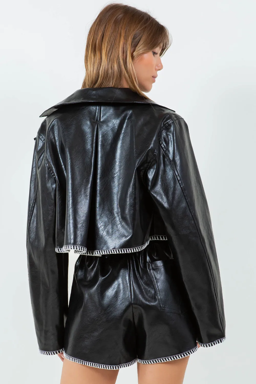 CONTRAST BLANKET STITCHED CROPPED PU LEATHER JACKET - BLACK