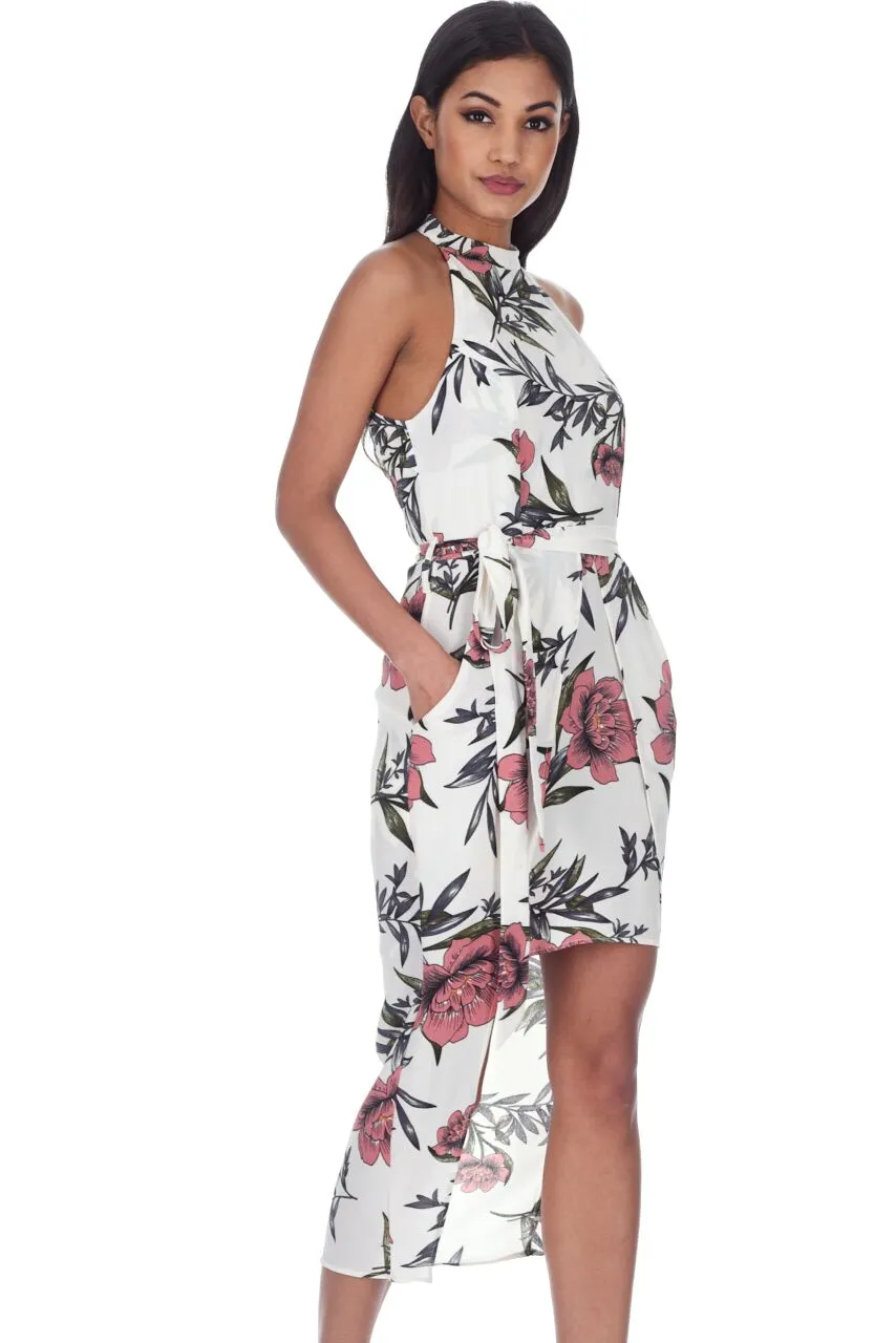 Cream Floral Wrap Over Skirt Dress