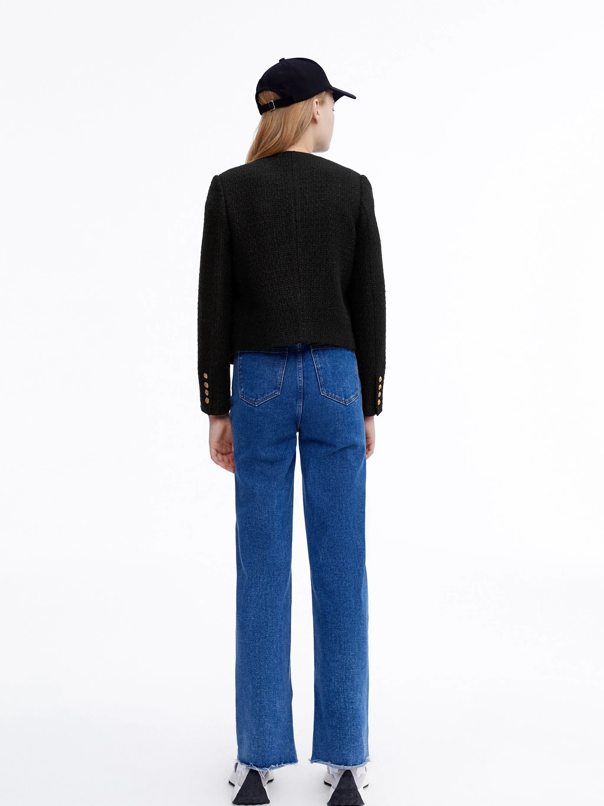 Cropped Collarless Tweed Jacket