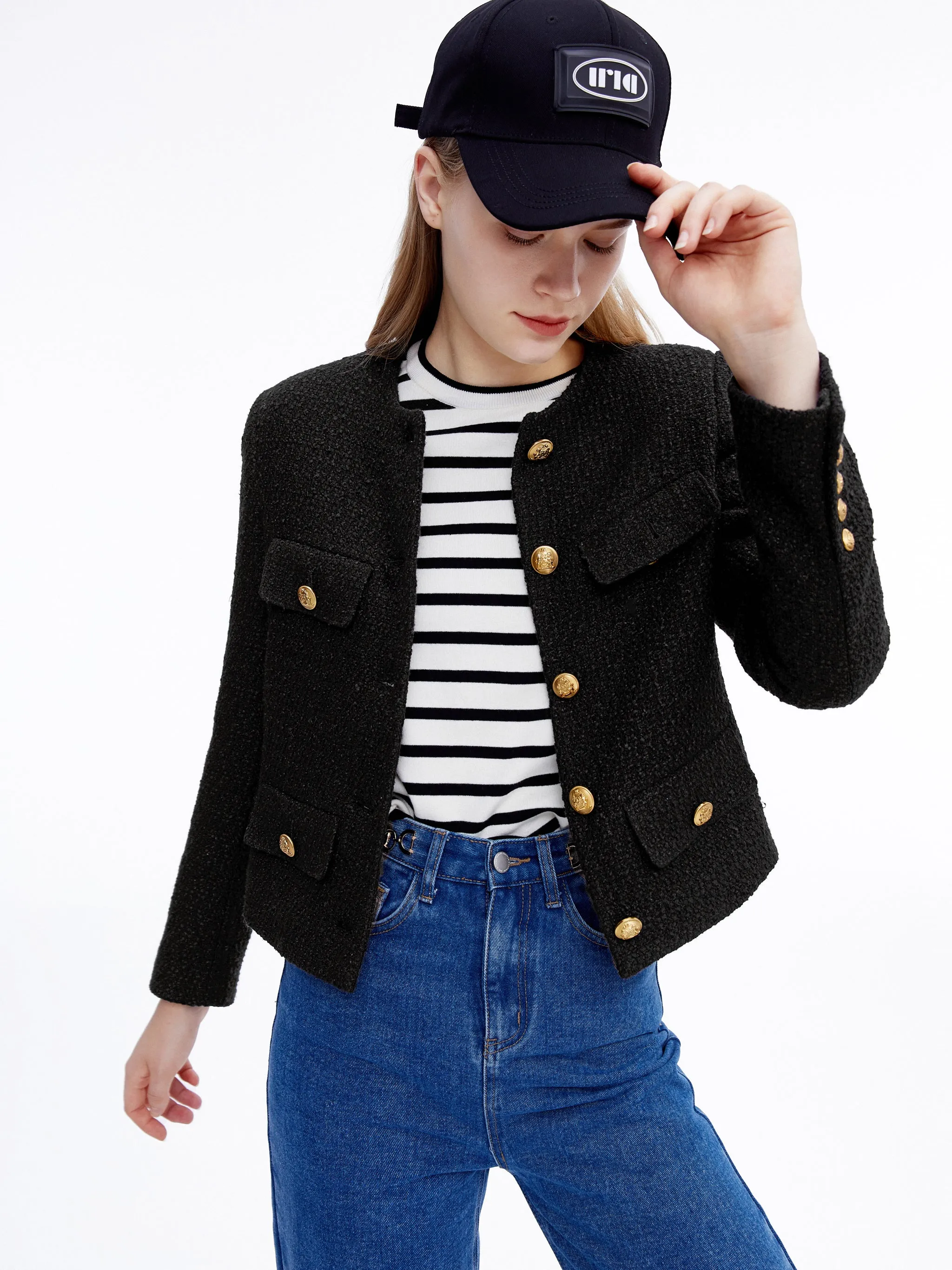 Cropped Collarless Tweed Jacket