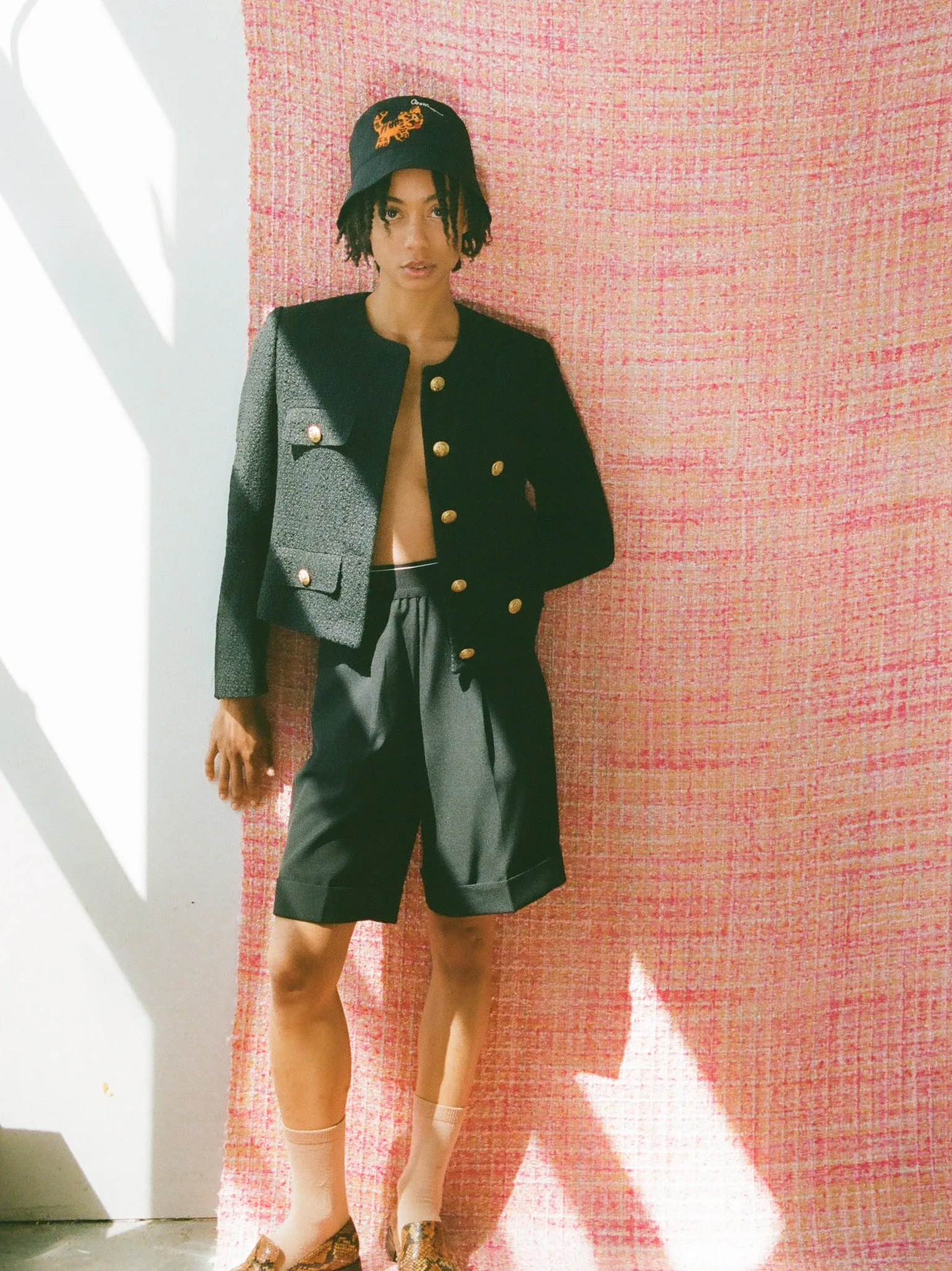 Cropped Collarless Tweed Jacket
