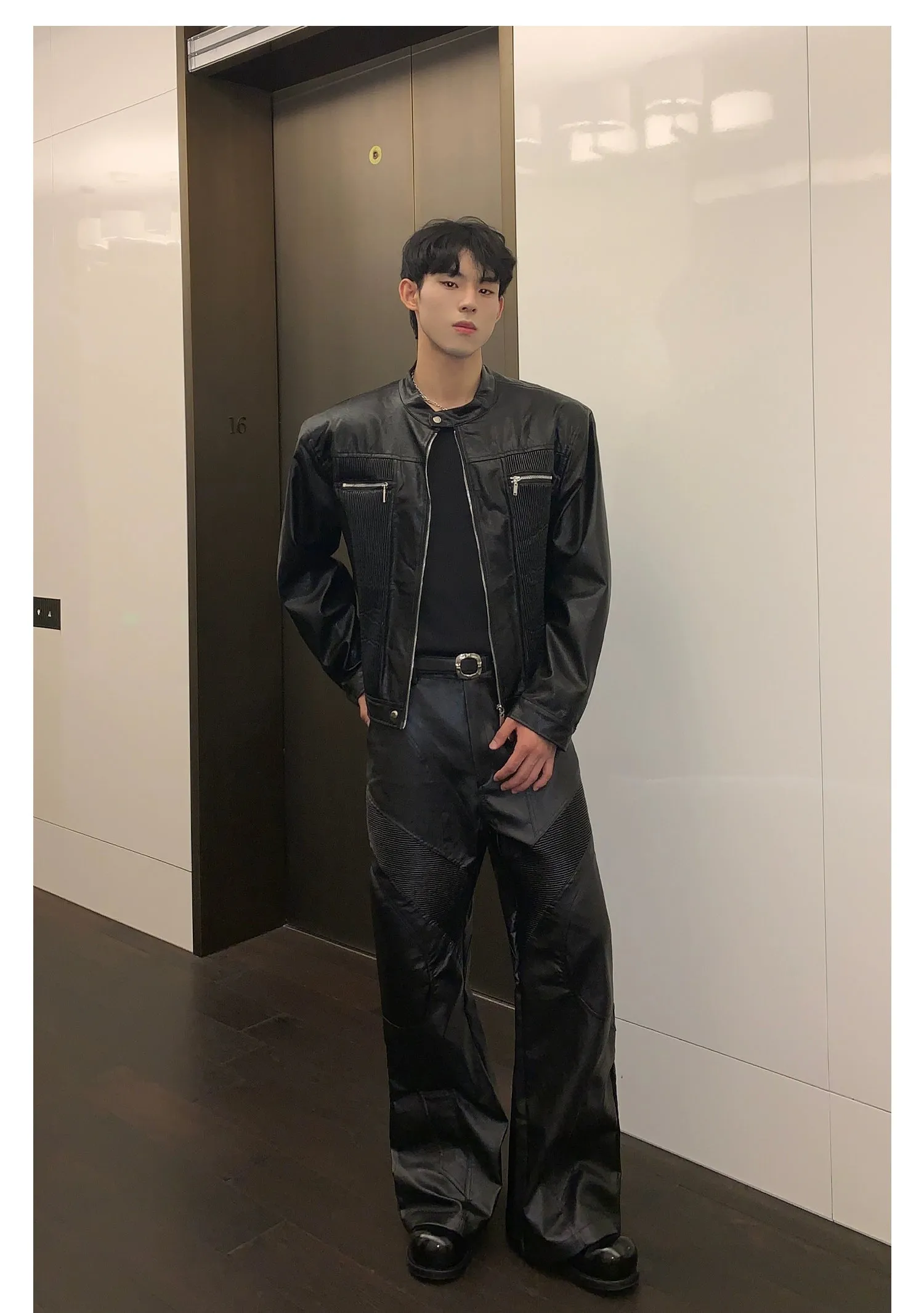 Cui Structured & Pleated PU Leather Jacket & Pants Set