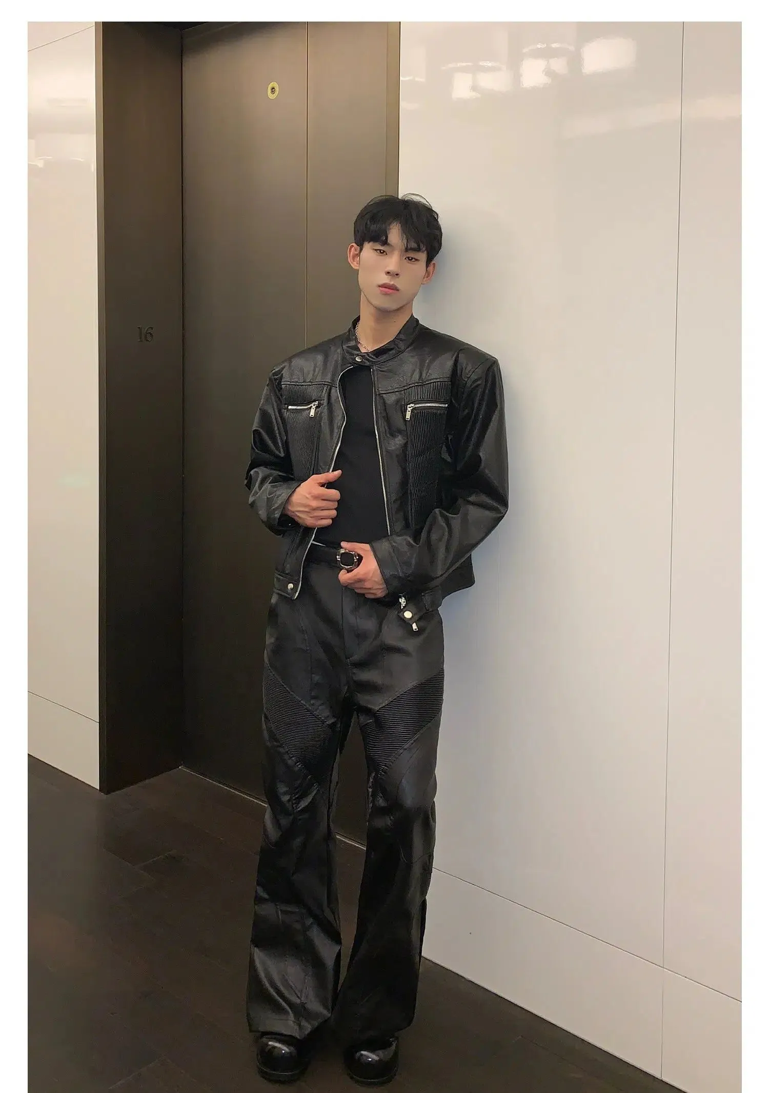 Cui Structured & Pleated PU Leather Jacket & Pants Set