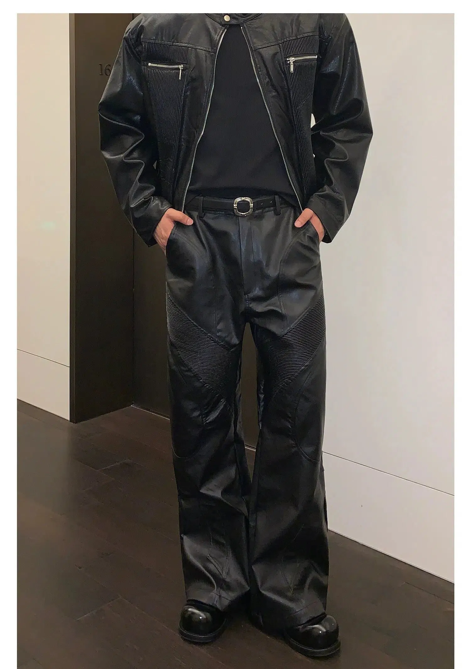 Cui Structured & Pleated PU Leather Jacket & Pants Set