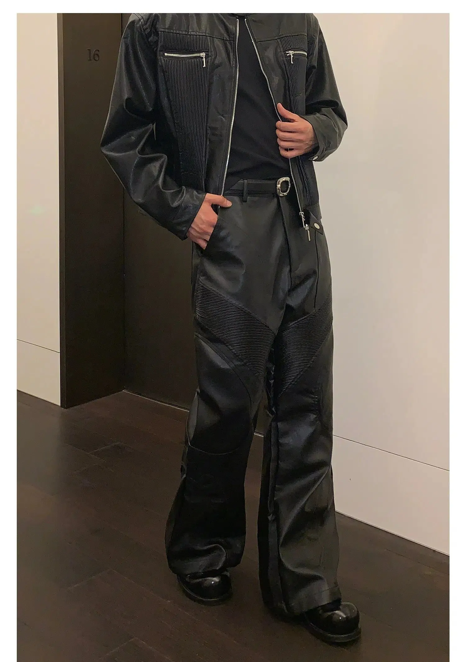 Cui Structured & Pleated PU Leather Jacket & Pants Set