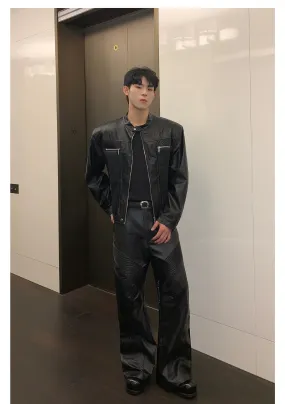 Cui Structured & Pleated PU Leather Jacket & Pants Set