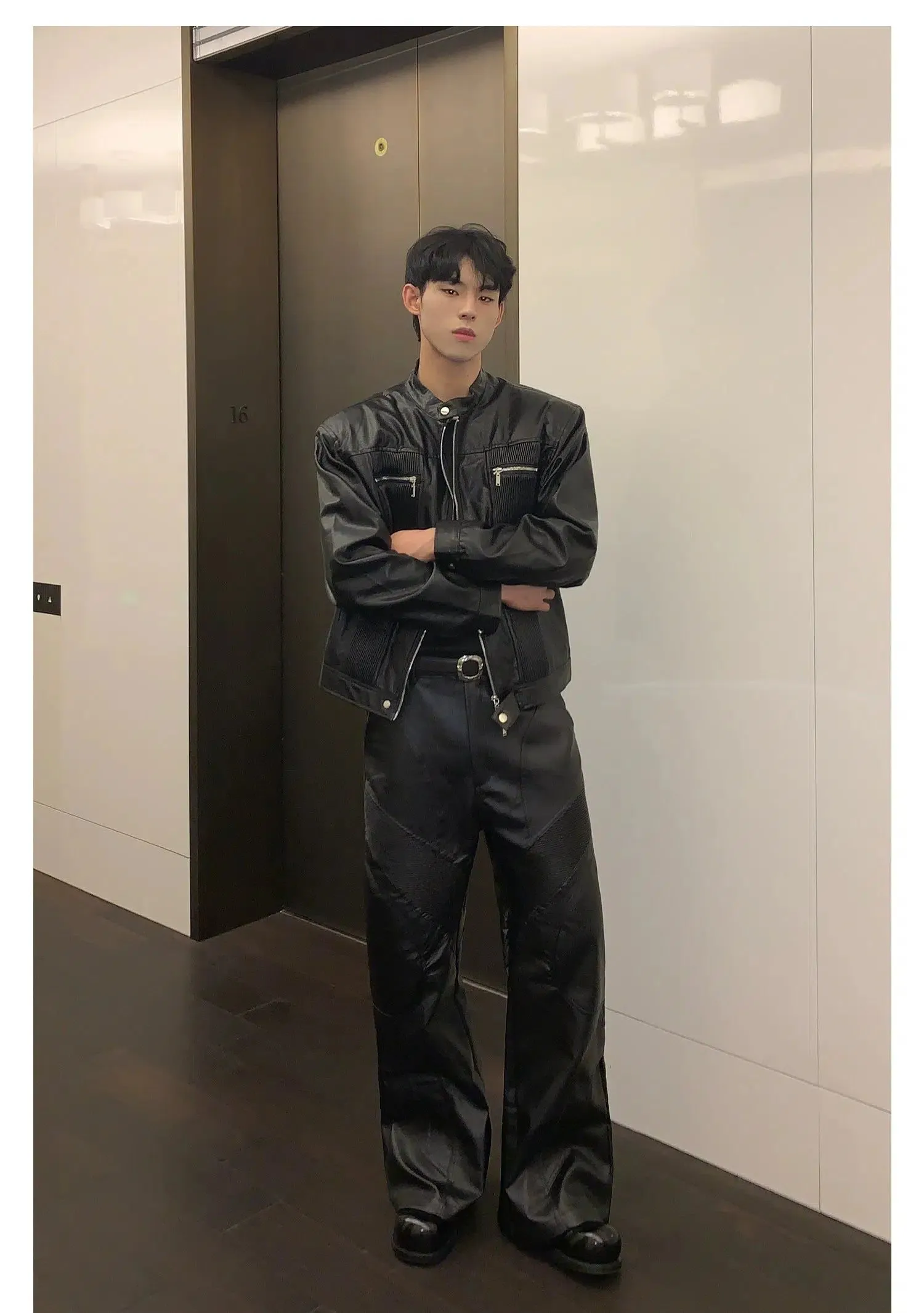 Cui Structured & Pleated PU Leather Jacket & Pants Set