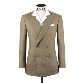 Double Breasted Peak Lapel Suit in Tobacco Wool, Silk and Linen