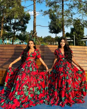Elegant Red and Green Chiffon Dress with Flowery Design Shiffon Habesha Dress Stunning Shifon