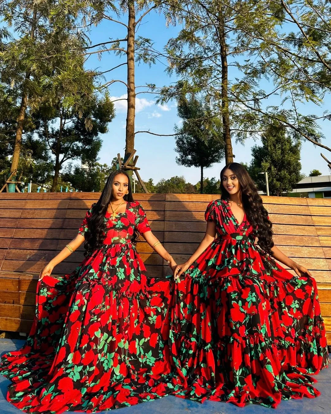 Elegant Red and Green Chiffon Dress with Flowery Design Shiffon Habesha Dress Stunning Shifon