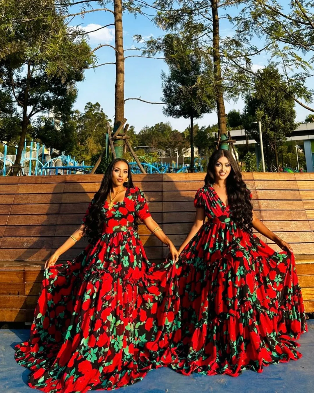 Elegant Red and Green Chiffon Dress with Flowery Design Shiffon Habesha Dress Stunning Shifon