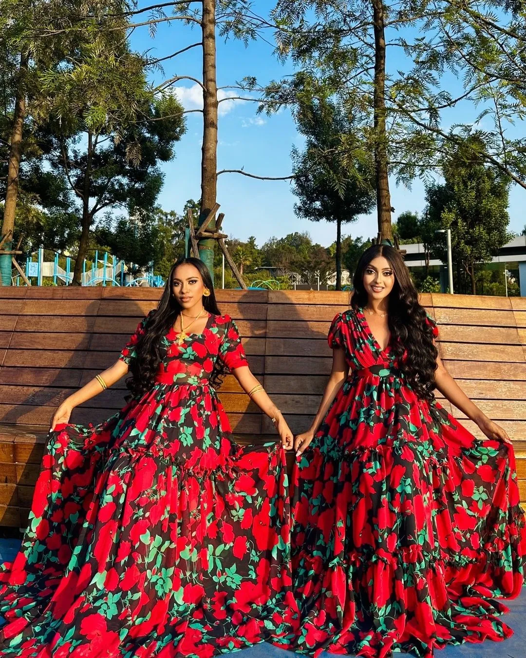 Elegant Red and Green Chiffon Dress with Flowery Design Shiffon Habesha Dress Stunning Shifon