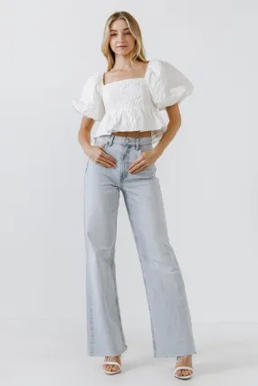 Endless Rose - Square Neck Puff Sleeve Jacquard Top