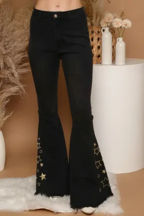 Flare Denim Pants with Studded and Embroidered Stars