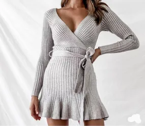 Gianni Ribbed Wrap Top Knit Flare Bottom Ultra Mini Dress