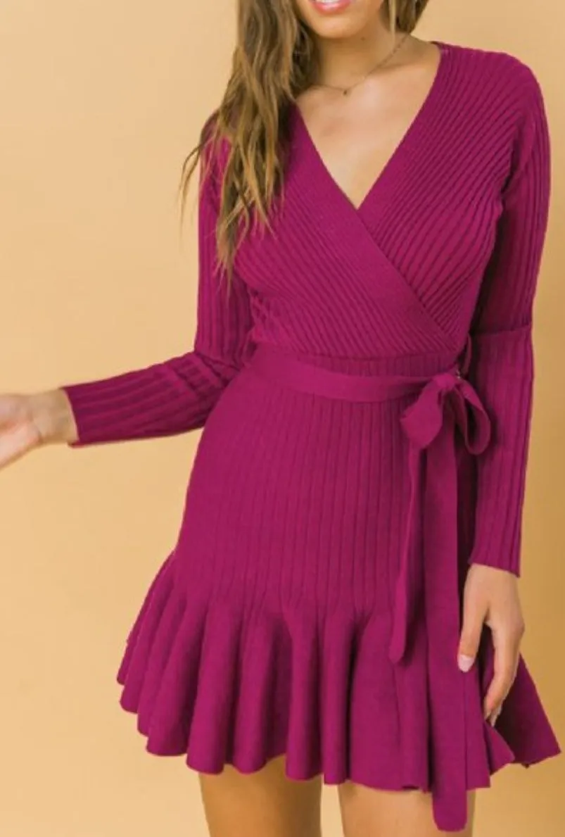 Gianni Ribbed Wrap Top Knit Flare Bottom Ultra Mini Dress