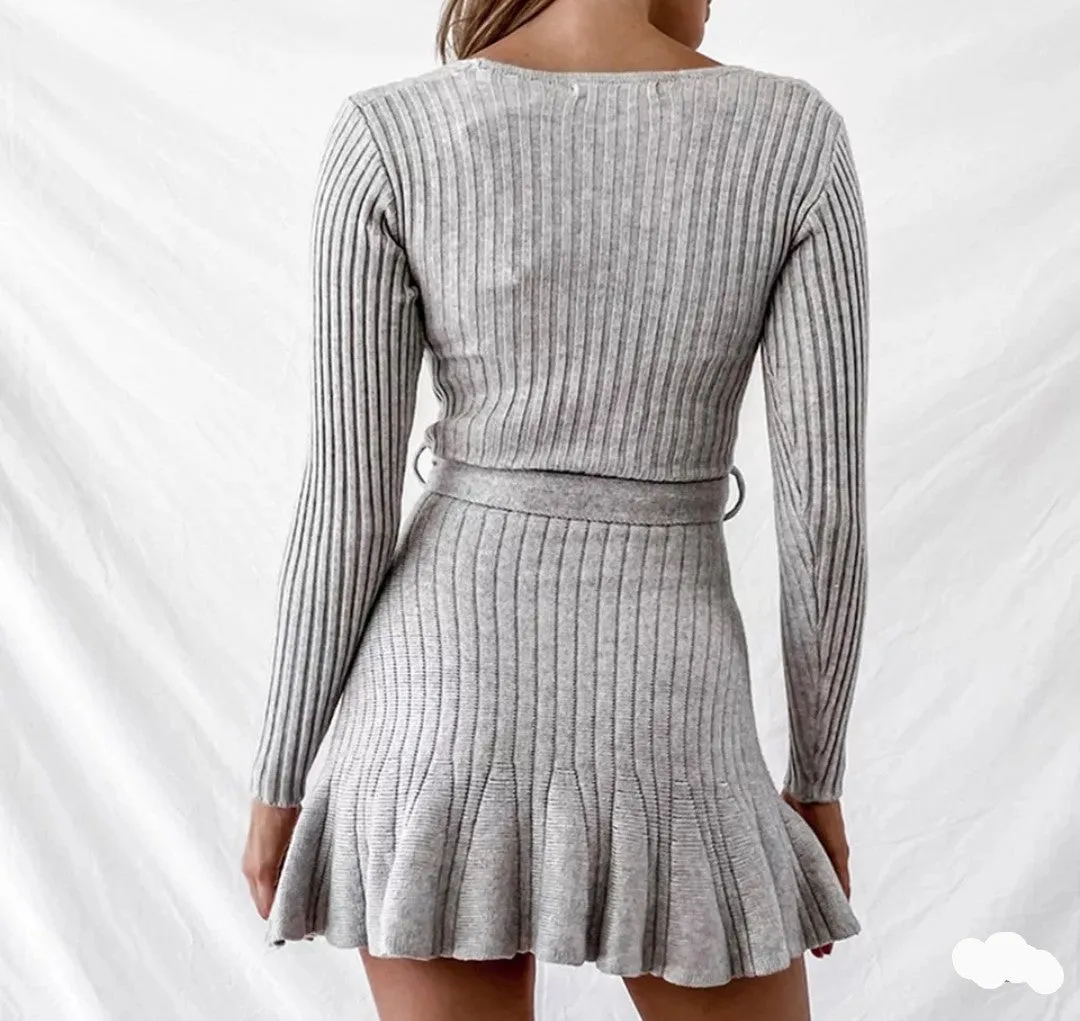 Gianni Ribbed Wrap Top Knit Flare Bottom Ultra Mini Dress