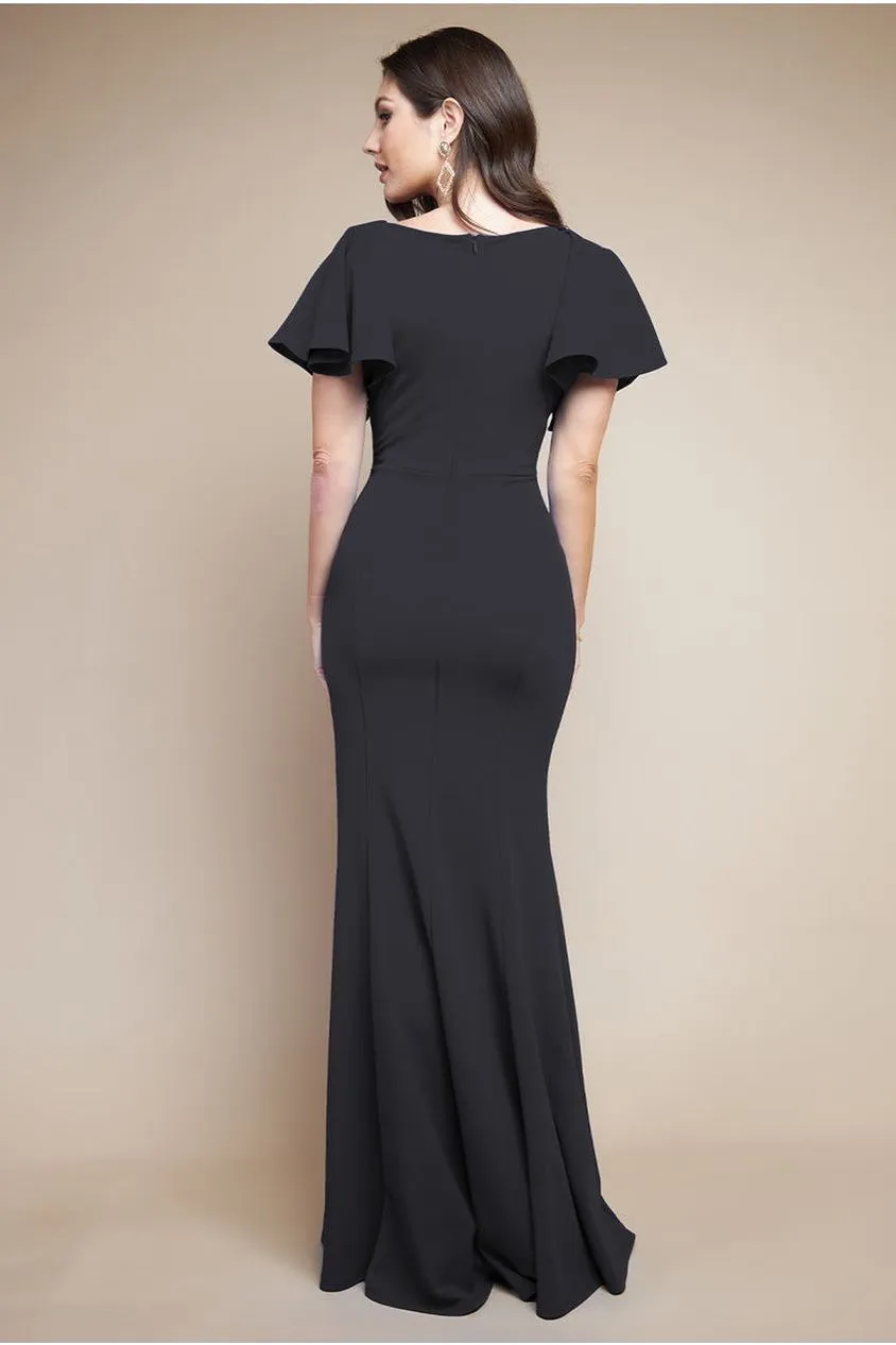 Goddiva Flared Sleeve Front Wrap Maxi Dress - Black