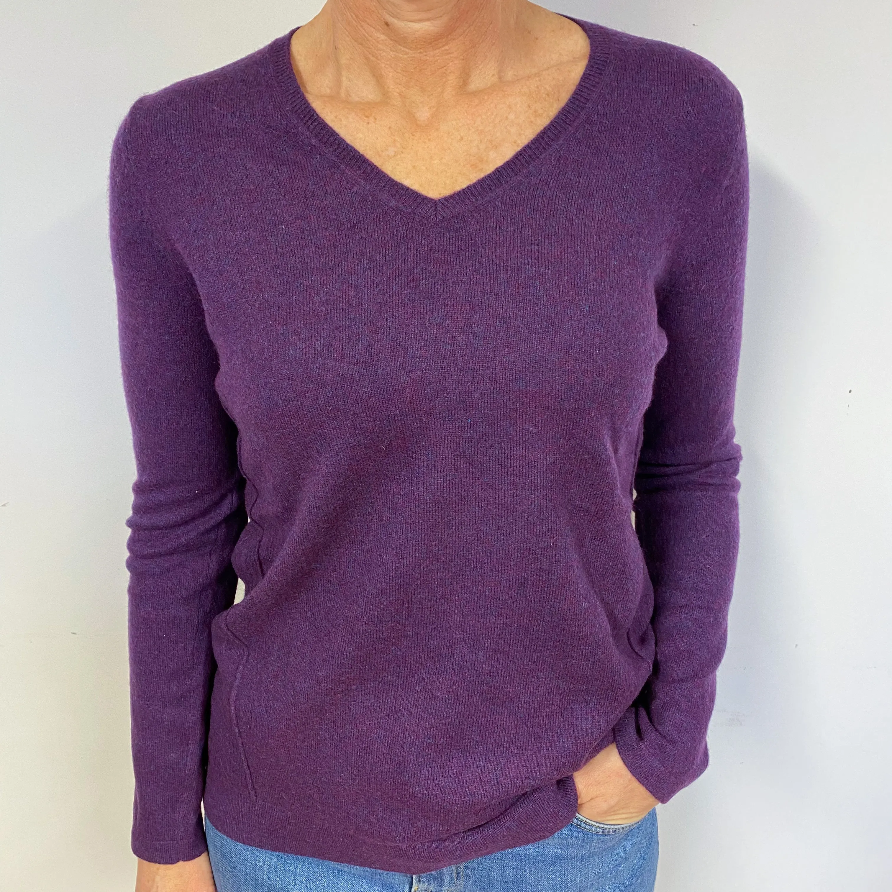Grape Purple Cashmere V-Neck Jumper Medium