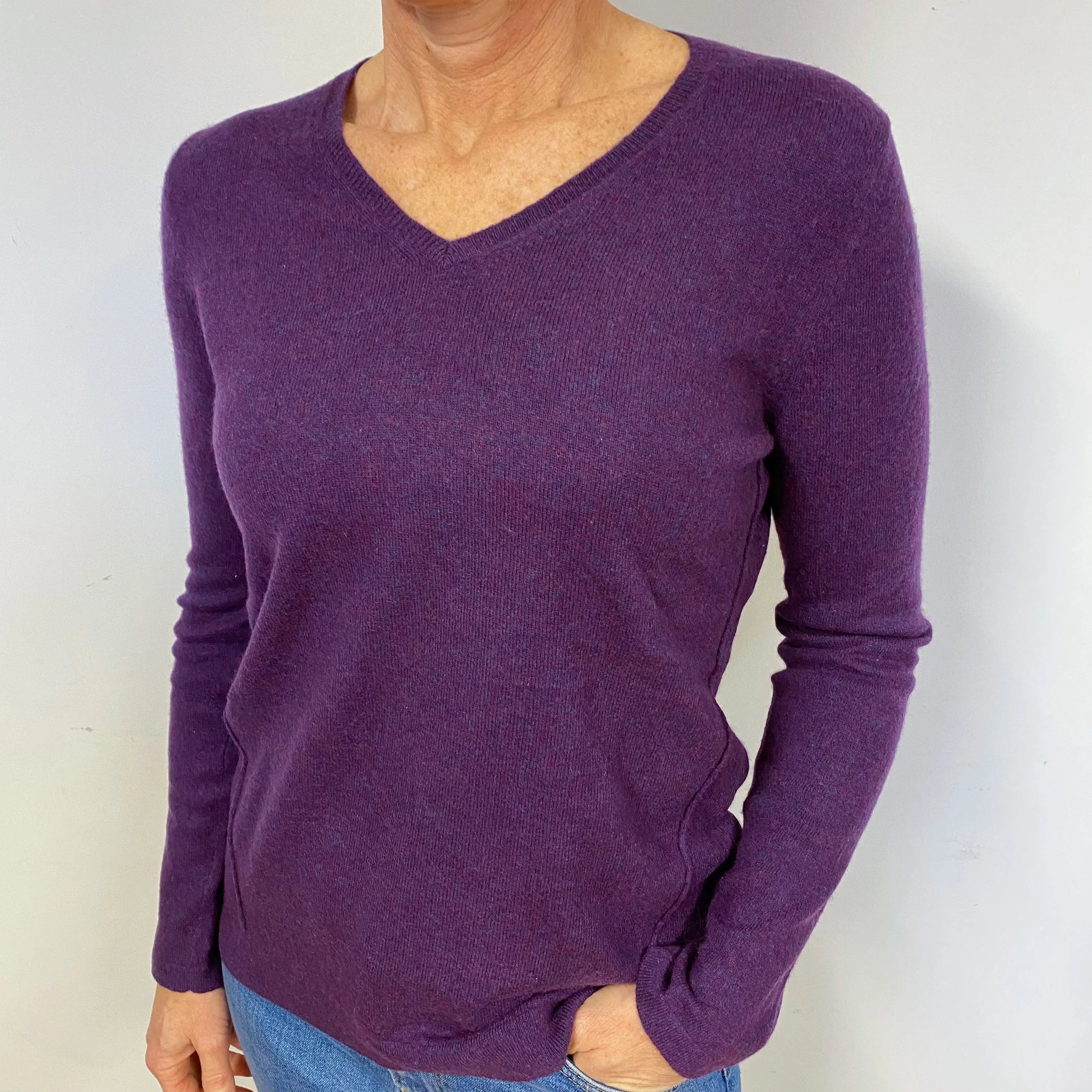 Grape Purple Cashmere V-Neck Jumper Medium