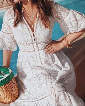 Half Sleeve Solid Color V Neck Women's Sheath Dress Maxi long Dress