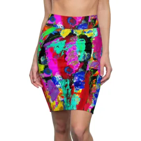 High Waist Womens Pencil Skirt - Contour Stretch - Multicolor Abstract Expression Pattern