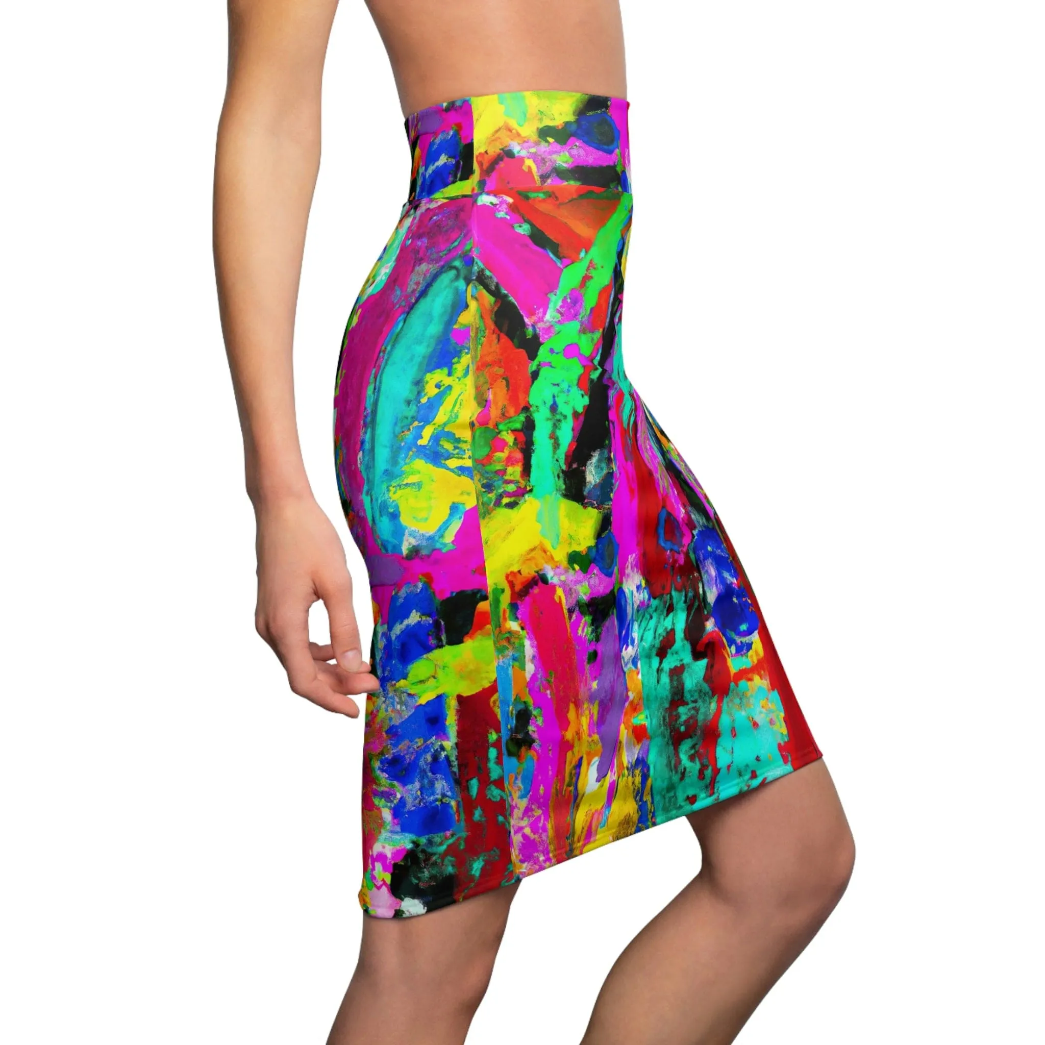 High Waist Womens Pencil Skirt - Contour Stretch - Multicolor Abstract Expression Pattern