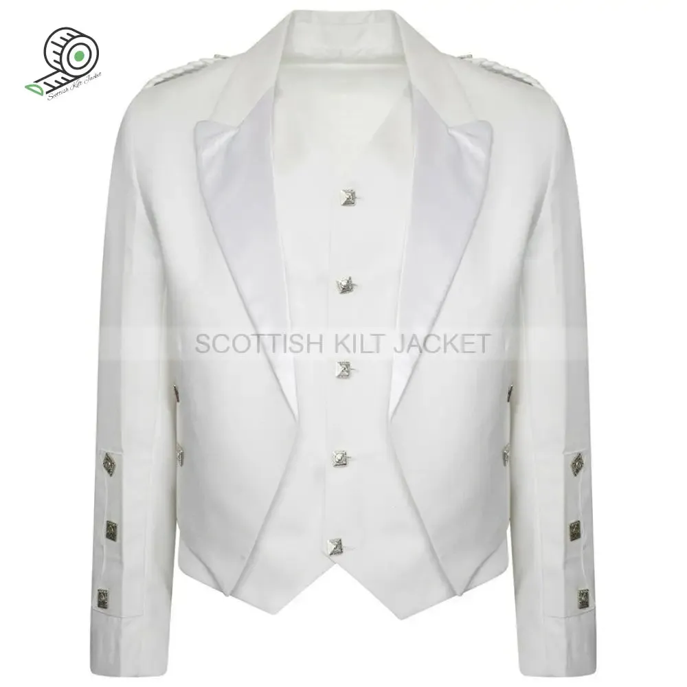 Highland Prince Charlie Kilt Jacket & Waistcoat with White Pipe Band