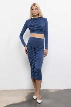 Indigo Draped Midi Pencil Skirt