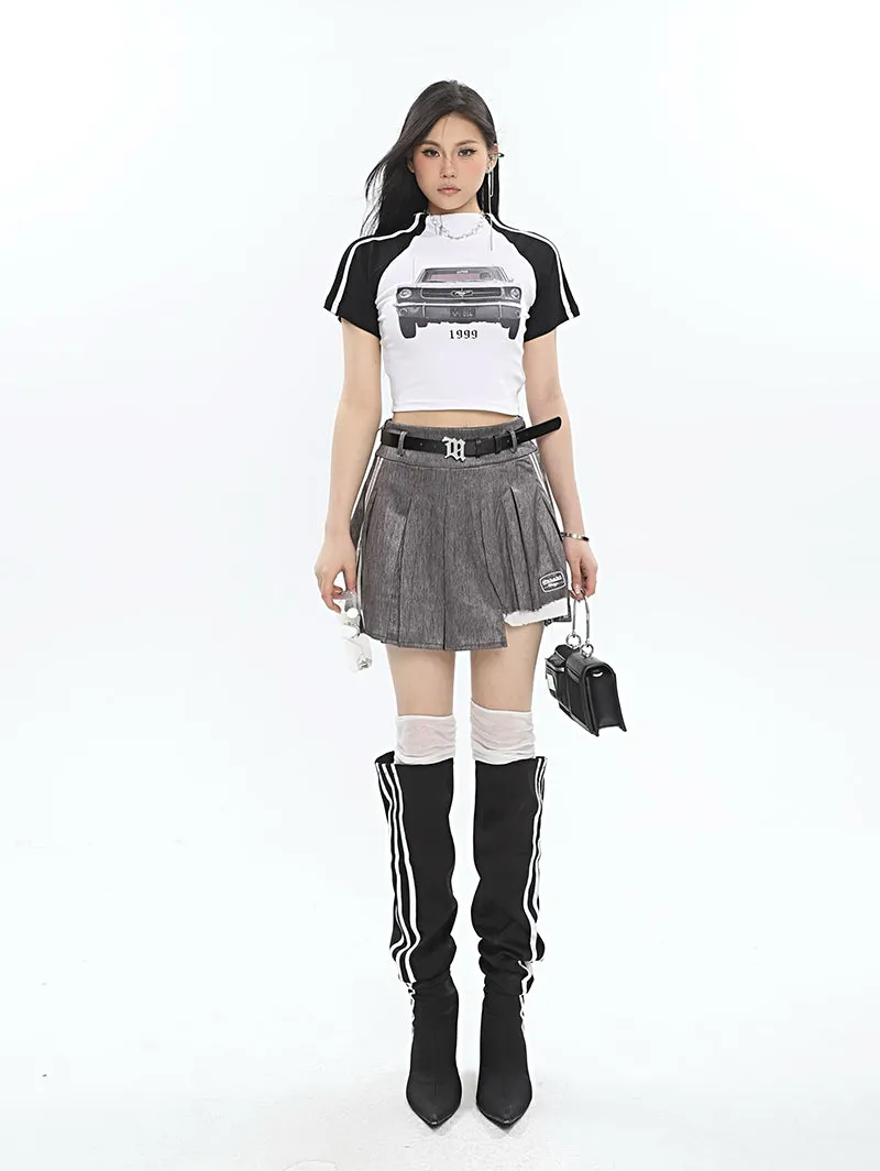 Isabelle Shiny Pleated High Waist Preppy Pleated Patchwork Mini Skirt