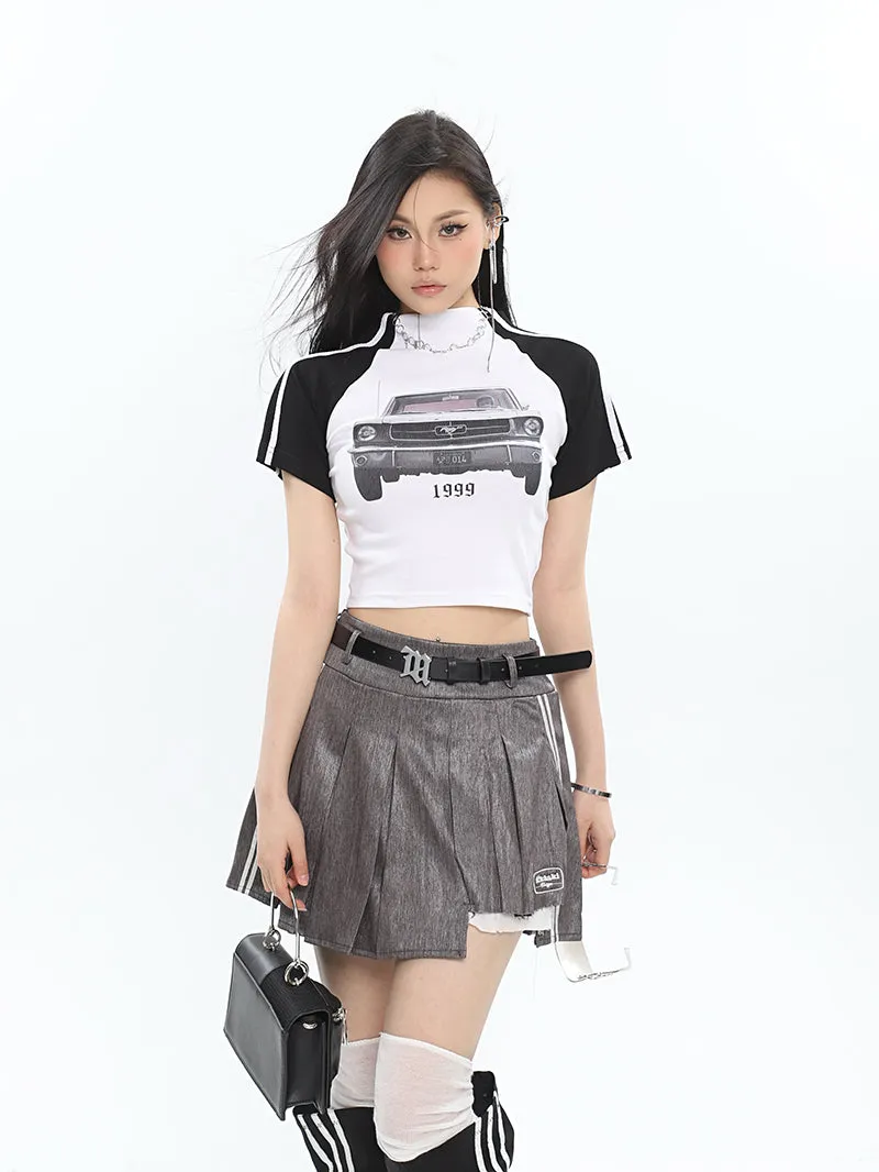 Isabelle Shiny Pleated High Waist Preppy Pleated Patchwork Mini Skirt