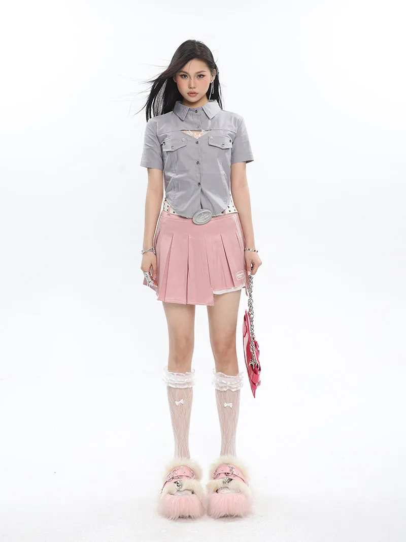 Isabelle Shiny Pleated High Waist Preppy Pleated Patchwork Mini Skirt
