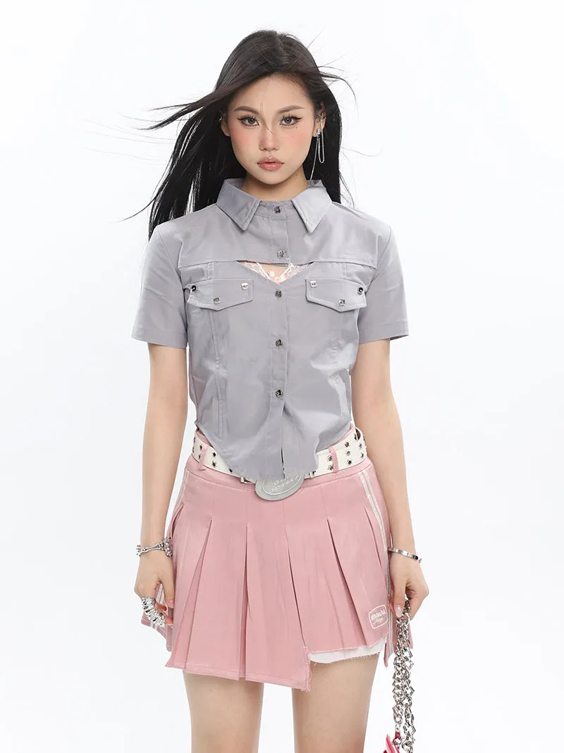 Isabelle Shiny Pleated High Waist Preppy Pleated Patchwork Mini Skirt