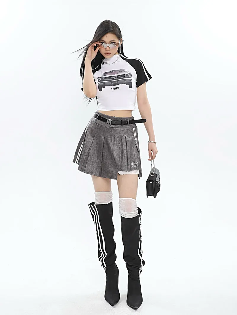Isabelle Shiny Pleated High Waist Preppy Pleated Patchwork Mini Skirt