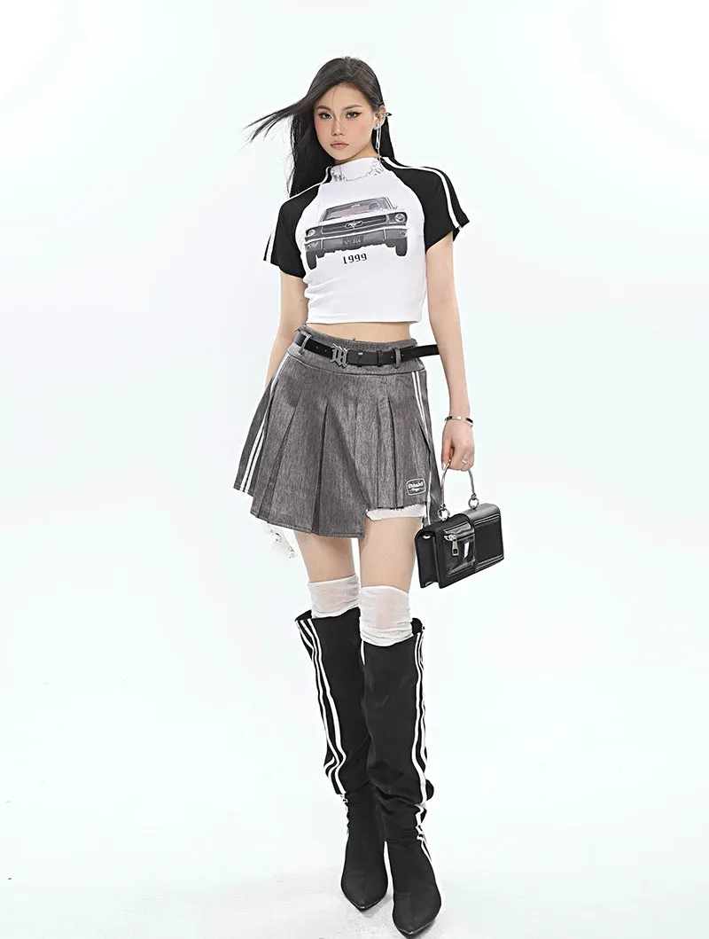 Isabelle Shiny Pleated High Waist Preppy Pleated Patchwork Mini Skirt