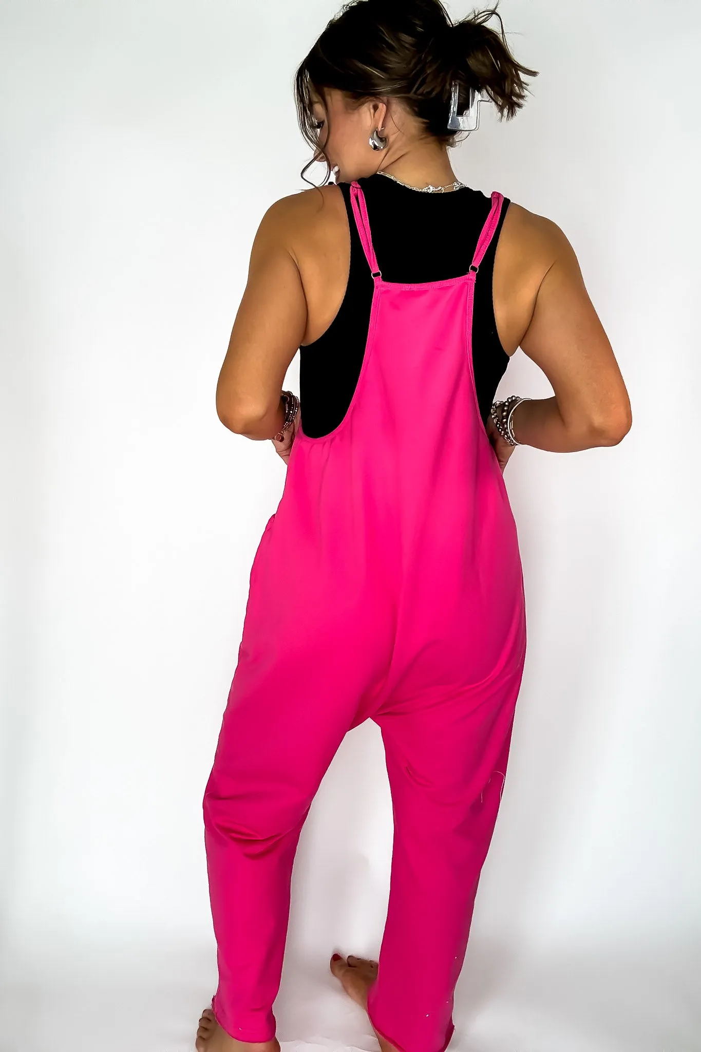 Jenny V-neck Hot Pink Baggy Knit Jumpsuit