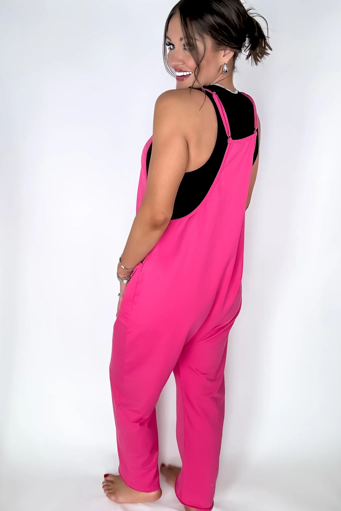 Jenny V-neck Hot Pink Baggy Knit Jumpsuit