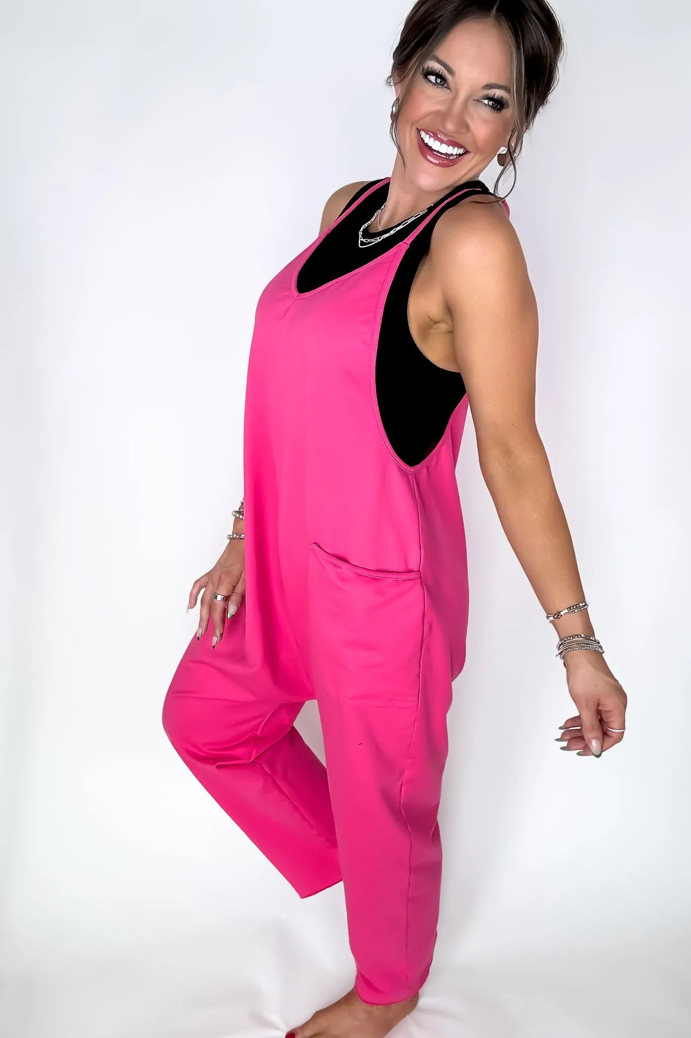 Jenny V-neck Hot Pink Baggy Knit Jumpsuit