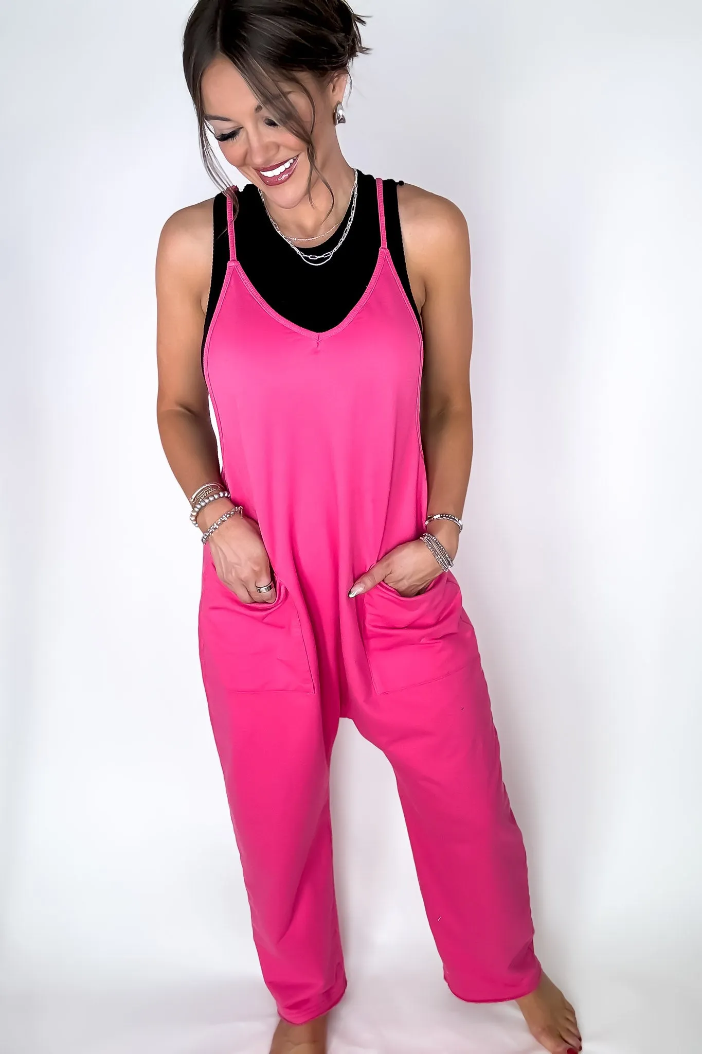 Jenny V-neck Hot Pink Baggy Knit Jumpsuit