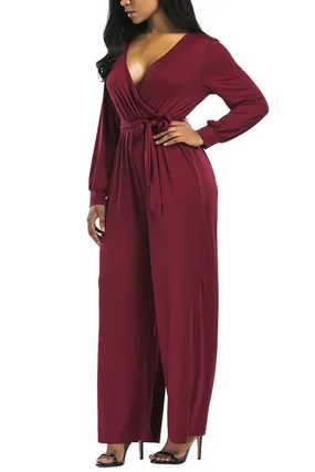 Ketty More Women Solid Color Deep V-Neck Waistband Long Sleeve Jumpsuit-WJC63653