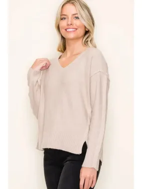 Kierra - V-Neck Raw Edge Sweater - Sand